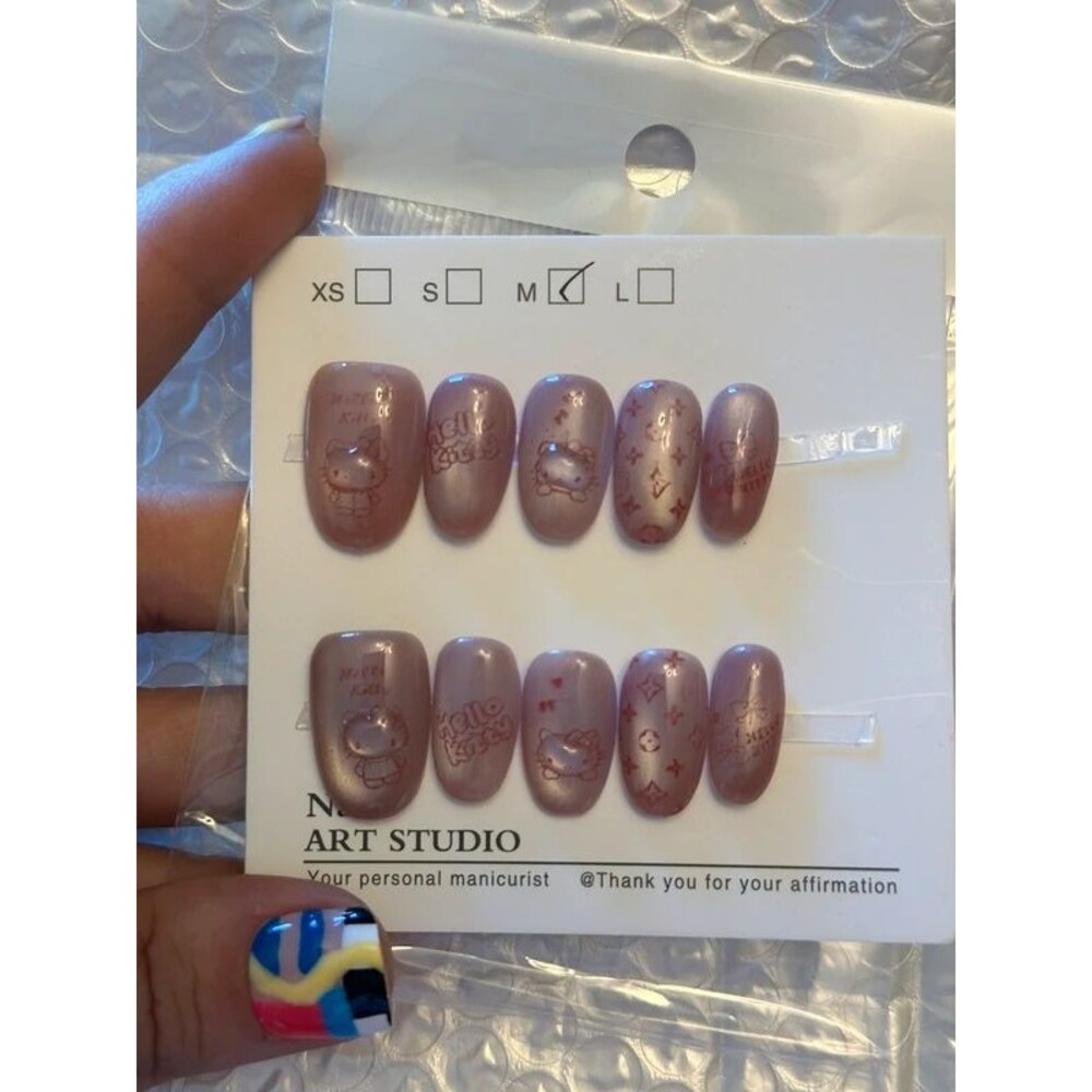 Pink Cat Eye Hello Kitty Short Round Press On Nails Size Medium